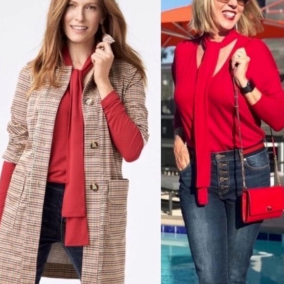 CAbi Red Blouse Long Sleeve Sweater Neck Tie Medium Holiday Rayon - Picture 2 of 10